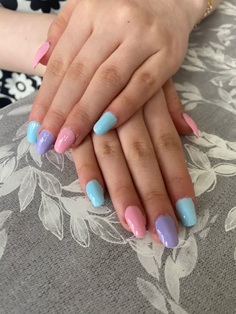 Pastel pink, Pastel blue, Pastel purple nail polish Pink And Blue Gel Nails Short, Light Pink And Light Purple Nails, Pastel Purple And Blue Nails, Blue And Pink Gel Nails, Purple And Blue Nails Ideas, Light Blue And Purple Nails, Pink Blue And Purple Nails, Pastel Pink And Blue Nails, Light Blue And Pink Nails