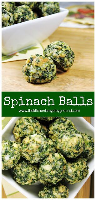 Spinach Balls ~ party-perfect! These little bites are always a favorite. Freeze well, too. #partyfood #gameday #spinach #appetizers #thekitchenismyplayground www.thekitchenismyplayground.com Party Appetizers Vegetarian, Spinach Appetizers, Appetizers Vegetarian, Spinach Bites, Halloween Fingerfood, Spinach Balls, Appetizers Healthy, Diy Easy Recipes, Party Appetizers