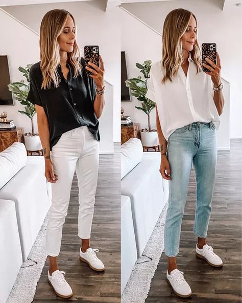 White Shirt And Jeans Outfit Casual, White Sneakers Outfit Summer, Jeans And Sneakers Outfit, Sneakers Outfit Summer, White Sneakers Outfit, Looks Jeans, Look Jean, White Jeans Outfit, Simple Summer Outfits