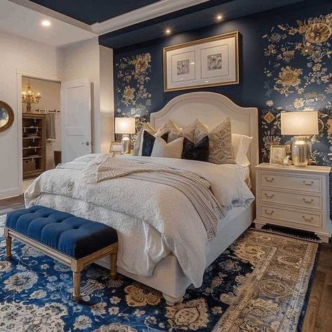 7+ Timeless Master Bedroom Wall Decor Ideas in Navy • 333+ Inspiring Lifestyle Ideas Blue Wallpaper Bedroom Ideas, Navy Blue Bedroom Walls, White Gold Bedroom, Blue And Cream Bedroom, Dark Blue Rooms, Sound Booth, Blue And Gold Bedroom, Navy Palette, Bedroom Wall Decor Ideas