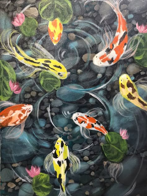 Coy Pond Painting, Pond Painting Acrylic, Fish Pond Painting, Koi Pond Painting, Pond Drawing, Surreal Art Painting, Easy Scenery, Easy Scenery Drawing, Poster Color Painting