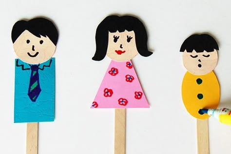 Family Stick Puppets | Kids' Crafts | Fun Craft Ideas | FirstPalette.com Craft For Family Theme, My Family Art And Craft For Kindergarten, My Family Ideas For Preschool, Craft Stick Puppets, Art And Craft My Family Theme Preschool, Family Craft For Kindergarten, Stick Puppet Ideas, My Family Crafts Preschool, My Family Crafts For Kids Preschool