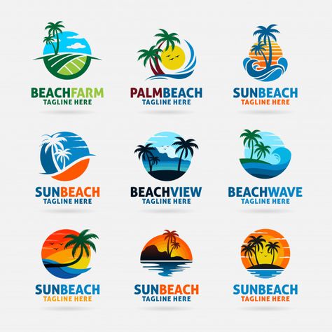 Collection of beach logo design Premium Vector Beach Logo Design Ideas, Beach Logos, Beach Logo Design, Resort Logo Design, Logo Design Water, Logo Montagne, Logo Voyage, Deco Surf, Travel Agency Logo