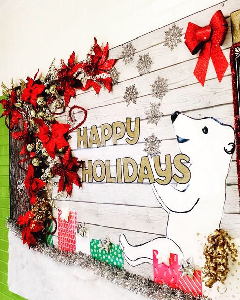 Holiday/Christmas School Bulletin Board. Poinsettias Presents Polar Bear High School Bulletin Boards, Holiday Bulletin Boards, Classroom Centers, Bulletin Board Ideas, School Daze, Christmas School, School Bulletin Boards, Jena, Board Ideas