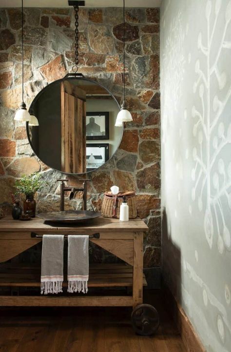 Rustic mountain house with a stunning timeless aesthetic in Idaho Mountain House Design, Rustic Powder Room, Cabin Bathrooms, Rustic Bathroom Designs, Rustic Bathrooms, Style Bathroom, Stone Walls, Cabin Style, Rustic Bathroom