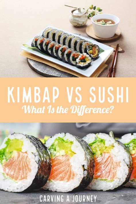 Have you ever wondered about what is different between Korean kimbap and Japanese sushi? Both use rice and dried seaweed. Beyond that, they are entirely different. For the Korean food and Japanese food lovers out there, check out this blog about the difference between kimbap and sushi! #Koreanfood #Japanesefood #kimbap #sushi Kimbap Filling Ideas, Korean Sushi Kimbap, Sushi Inspired Recipes, Sushi Lunch Box Ideas, Easy Kimbap Recipe, Kimbap Recipe Korean, Kimbap Sushi, Gourmet Sushi, Korean Kimbap