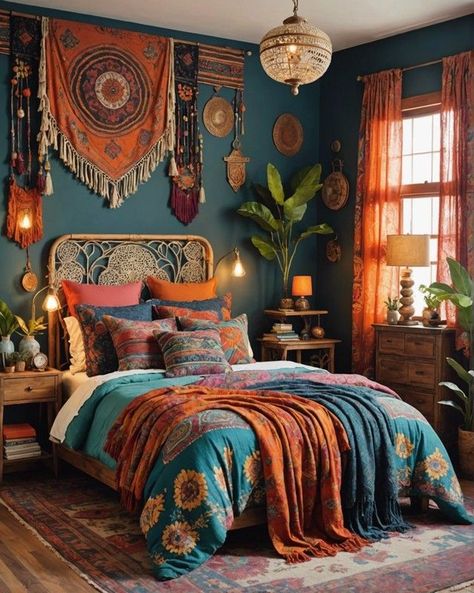 Indian Aesthetic Bedroom, House Astethic, Moroccan Bedrooms, Boho Bedroom Wallpaper, 1970s Bedroom, Mcm Bedroom, Moroccan Inspired Bedroom, Good Interior Design, Lilac Bedroom