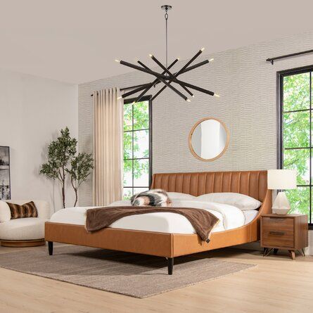 Mercury Row® Ashe Tufted Upholstered Low Profile Platform Bed | Wayfair Modern Low Profile Bed, Orange Bed Frame Master Bedrooms, Brown Leather Bed Frame, Cream Headboard Bedroom, Low Profile Headboard, Brown Leather Bed, Leather King Size Bed, Low Profile Bed Frame, Leather Bed Frame