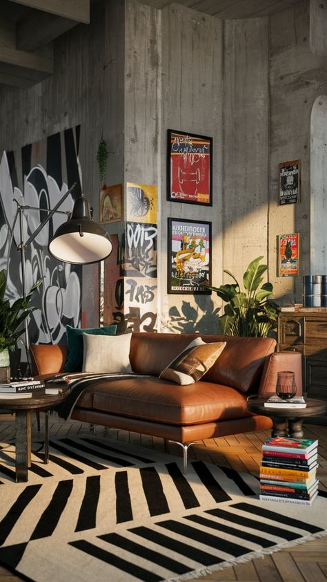 Bring a bold and relaxed vibe to your home with these Cool Street Style Living Room Ideas! Picture a sleek gray couch paired with colorful graffiti art as a focal point. Incorporate industrial elements like exposed pipes and metal shelving for an edgy yet inviting look. Layer textured rugs and add oversized cushions to enhance the Urban Style Living Room charm. This is the perfect mix of Home Decor Ideas Street Style and creativity for your dream space! #CoolUrbanStyle #StreetStyleDecor #RoomInspo Indy Living Room, Street Style Home Decor, Clean Modern Living Room, Graffiti Living Room, Urban Style Living Room, Street Style Living Room, Living Room Urban, Apt Decorating Ideas, Style Living Room Ideas