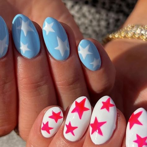 licensed nail tech | layton, ut on Instagram: "i’m obsessssseeeedddd !!!!! 💙❤️ #nails #nailday #starnails #longnails #almondnails #gelnails #fourthofjulynails #rednails #bluenails #whitenails #nailinspo #nailinspiration #luminarynailsystems #luminarynails #naturalnails #ogdennails #laytonnails #utahnails #utnails #utahnailcommunity" 4th Of July Blue Nails, White Fourth Of July Nails Simple, White Nails With Red And Blue Stars, 4th Of July Nails With Stars, Red White And Blue Star Nails, 4th Of July Gel Nail Designs Simple, 4th Of July Natural Nails, Blue Nails White Stars, 4th Of July Nails Aesthetic