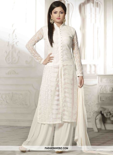 Fashionable Chicken Work Drashti Dhami Palazzo Style Designer Suit                                                                                                                                                      More Chicken Work Kurti, White Salwar Suit, Party Wear Salwar Suits, White Salwar, Net Dresses, White Kurti, Plazzo Suit, Plazzo Suits, Party Wear Salwar Kameez