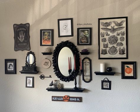 Gothic inspired gallery wall with some spooky and fun decor Gothic Gallery Wall, Victorian Gothic Decor, Gothic Wall Decor, Gothic Room, Dark Home Decor, Goth Home, Goth Home Decor, Dark Home, Green Home