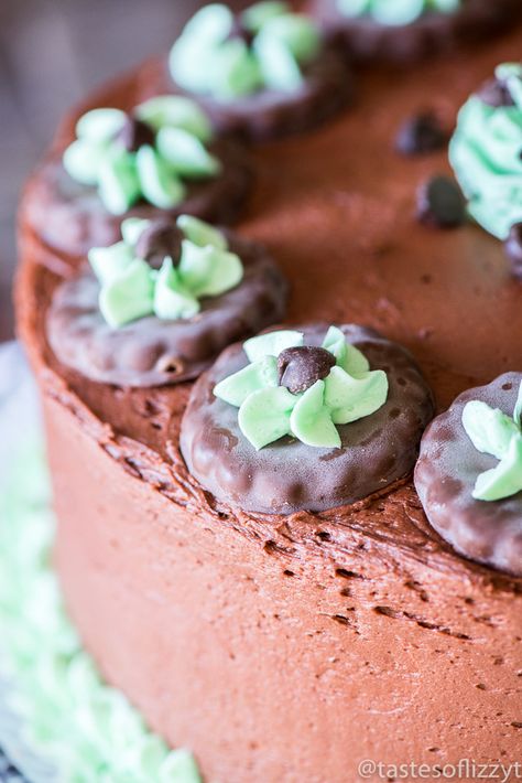 An easy to decorate, from-scratch mint chocolate cake with grasshopper cookies, chocolate buttercream and peppermint buttercream frosting. Dark Chocolate Cake Recipes, Grasshopper Cookies, Peppermint Buttercream, Mint Chocolate Cake, Mint Cake, Amazing Chocolate Cake Recipe, Homemade Chocolate Cake, Chocolate Sheet Cake, Dark Chocolate Cakes