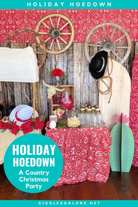 Try this Down Home Holiday Hoedown for a fun country Christmas Party and some good old-fashioned hometown hospitality! My country Christmas Party includes easy party decor ideas, menu suggestions, fun party inspiration, and more. This is a fun-themed Christmas party idea the entire family will enjoy making this Christmas memorable. A fun Country Christmas for all. Western Hoedown Party, Country Christmas Background, Country Christmas Party Decorations, Country Theme Christmas Party, Cowboy Christmas Party Ideas, Country Christmas Party Theme, Texas Party Ideas, Country Christmas Party Ideas, Cowboy Themed Christmas Party