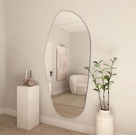 Irregular Mirror Bedroom, Body Mirror Ideas, Full Body Mirror Aesthetic, Body Mirror Aesthetic, Full Height Mirror, Mirror Asymmetrical, Asymmetric Mirror, Full Length Mirror In Bedroom, Unique Mirror