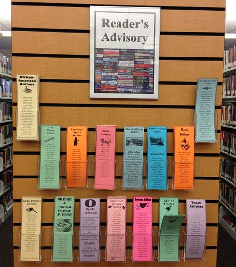 Mitchell Library - Reader's Advisory bookmarks, popular authors for various genres #whattoreadnext #readersadvisory Teen Library Displays, Teen Library Space, Readers Advisory, Library Signage, School Library Displays, Teen Library, Middle School Libraries, Library Book Displays, High School Library