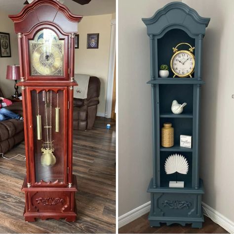 Grandfather Clock Bookcase, Refinished Grandfather Clock, Refurbished Grandfather Clock, Repurposed Clocks Ideas, Upcycle Grandfather Clock, Repurpose Grandfather Clock, Grandfather Clock Makeover Ideas, Repurposed Grandfather Clock Ideas, Grandfather Clock Decor