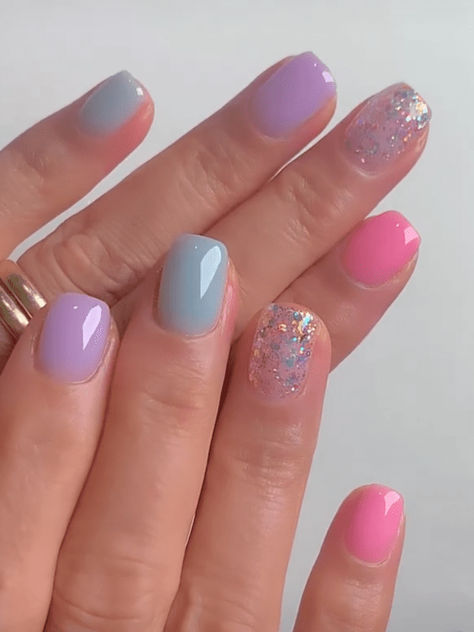 Pastel Nail Inspo Short, Short Manicures, Pastel Gel Nails Short, Cute Nail Colours, Colourful Nails Designs, Pastel Blue Purple Nails, Casual Pastel Beaded Jewelry, Pastel Pink And Blue Nails Art Designs, Multi Colored Pastel Nails