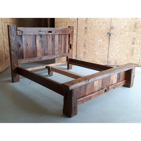 Homemade Bed Frame, Barnwood Bed, Barn Beam Mantels, Salvaged Wood Furniture, Timber Bed Frames, Homemade Beds, Rustic Bed Frame, Rustic Furniture Design, Bed Frame Plans