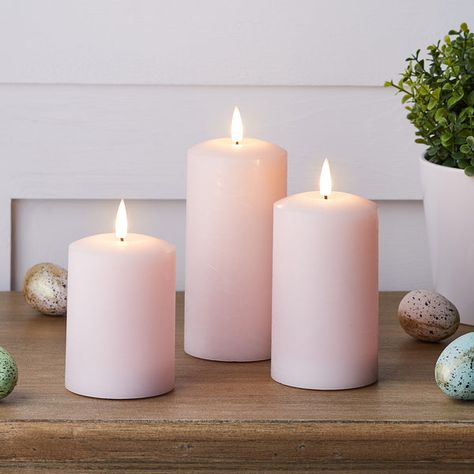 TruGlow® Pastel Pink LED Pillar Candle Trio | Lights4fun.co.uk Pastel Easter Decorations, Work Wellness, Whimsical Bathroom, Pastel Candle, Battery Powered Candles, Wellness Room, Spring Styling, Flameless Candle Set, Party Styling