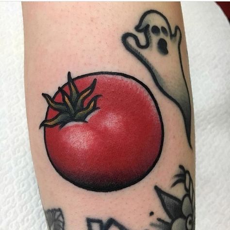 Fresh tomato and ghost tattoo inked in traditional style Traditional Vegetable Tattoo, Vegetable Tattoo Ideas, Traditional Food Tattoo, Jacob Tattoo, Tomato Tattoo, Vegetable Tattoo, Food Tattoo, Wine Tattoo, Think Tattoo