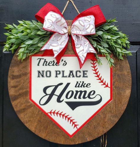 Home Wooden Signs, Baseball Decor, Door Hangers Diy, Welcome Door Signs, Wooden Signs Diy, Door Signs Diy, Summer Door Hanger, Wooden Door Signs, There's No Place Like Home