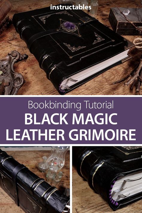 Follow along with this in depth bookbinding tutorial to make a black magic leather grimoire with amethyst centerpiece.  #leatherworking #Halloween #leatherbound #spellbook #notebook #journal #papercraft Leatherbound Journals, Grimoire Book Cover, Diy Leather Book Cover, Grimoire Ideas Cover, Spellbook Diy, Dnd Spellbook, Leather Grimoire, Magic Tutorial, Witchy Business