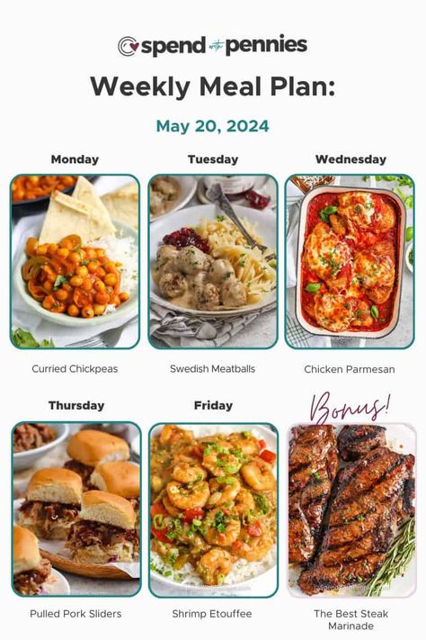 Weekly Meal Plan May 20, 2024 1 Week Menu Plan, Meal Plan For The Week, Time Saving Tips, Cheap Recipes, Healthy Eating Diets, Weekly Meals, Meatless Main Dishes, Weekly Meal Plan, Weekend Meals