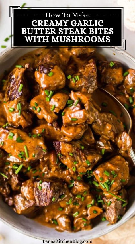 Cajun Butter Steak Bites With Mushrooms, Steak Tips With Mushrooms And Onions, Pan Seared Garlic Butter Steak & Mushroom Cream Sauce, Angus Sirloin Steak Recipes, Elk Sirloin Steak Recipes, Steak Meal Ideas, Creamy Steak Bites, Steak Bites Recipes, Steak Bites With Mushrooms