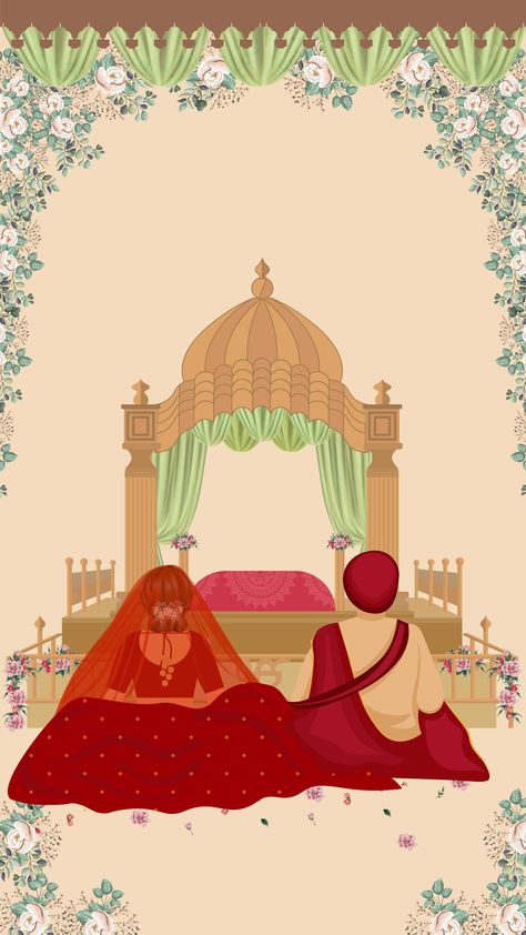 Wedding Invite Background, Sikh Wedding Invitations Cards, Sikh Wedding Invitation, Sikh Wedding Card, Quirky Invitations, Caricature Wedding Invitations, Wedding Illustration Card, Couple Illustration Wedding, Indian Invitation Cards