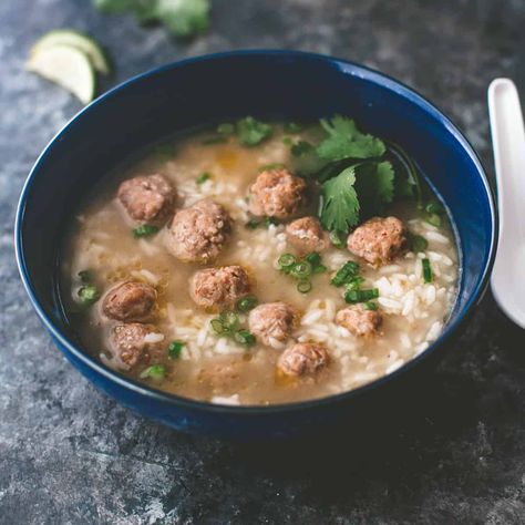 Thai Rice and Meatball Soup | Inquiring Chef Jasmine Rice Soup, Thai Rice Soup, Khao Tom, Thai Jasmine Rice, Asian Chicken Meatballs, Tender Meatballs, Cozy Soup, Thai Rice, Rice Soup Recipes