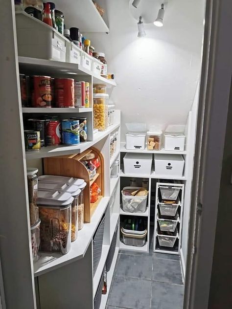 Utility Closet Under Stairs, Closet Design Layout Narrow, Under Stair Storage Closet, Under Stairs Utility Cupboard, Attic Laundry Room, Under Stairs Larder Cupboard Ideas, Narrow Pantry Shelving Ideas, Slanted Pantry, Under The Stairs Pantry Ideas Food Storage