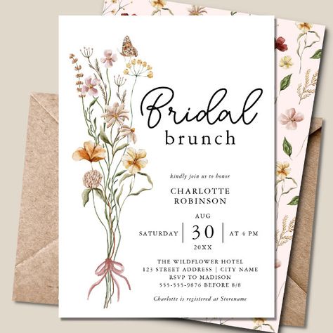 Elegant Boho Floral Wildflower Bridal Brunch Invitation Brunch With The Bride, Floral Bridal Shower Theme, Unique Bridal Shower Themes, Bohemian Invitation, Boho Chic Fall, Bridal Shower Champagne, Wedding Announcement Cards, Bridal Brunch Invitations, Watercolor Wildflowers