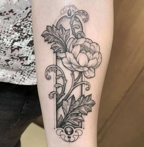 Floral Art Nouveau Tattoo Marcusrotten Art Nouveau Peony Tattoo, Art Deco Frame Tattoo, Art Deco Flower Tattoo, Floral Art Nouveau, Recipe Tattoo, Art Deco Floral Tattoo, Art Nouveau Flower Tattoo, Art Nouveau Butterfly Tattoo, Vintage Inspired Tattoos