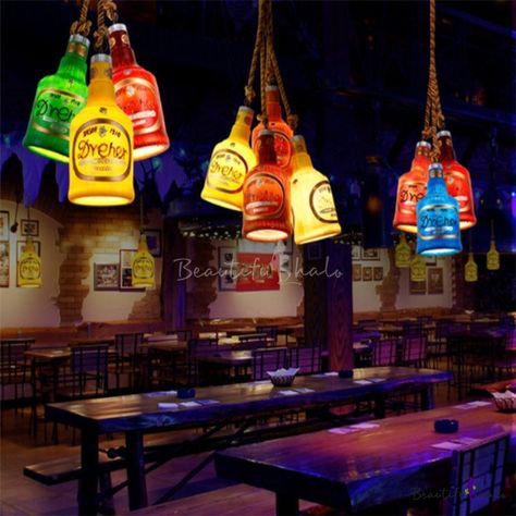 I like this. Do you think I should buy it? Dhaba Interior, Bar Lounge Decor, Dive Club, Bottle Pendant Light, Mexican Restaurant Design, Glass Pendant Ceiling Light, Glass Ceiling Pendant, Wine Bottle Design, Artistic Lighting