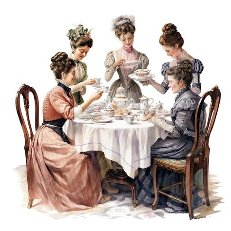 Premium Photo | Watercolor vintage Victorian tea party clipart white background Tea Party Ladies, Victorian Tea Party Aesthetic, Tea Party Illustration, Cookbook Scrapbook, Tea Party Art, Tea Party Clipart, Tea Drawing, Tea Time Illustration, Outdoor Tea Parties