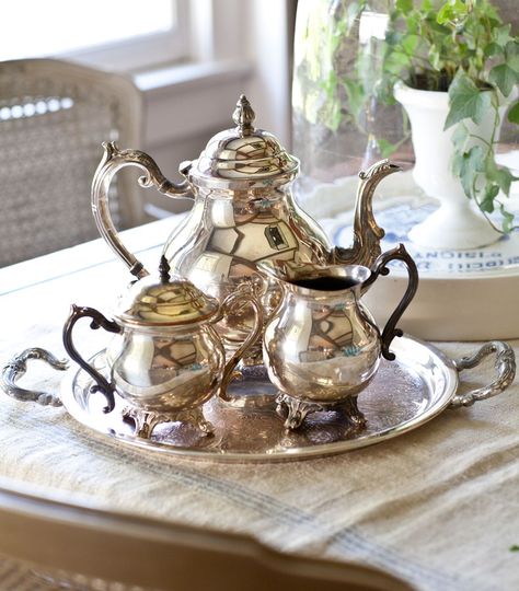 Silver Plate Decor, Silver Tea Service, Cedar Hill Farmhouse, Silver Plated Tea Set, Decorating Tips And Tricks, Silver Tea Set, Silver Teapot, Silver Linings, Silver Decor