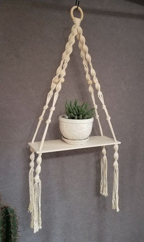 Hanging Wood Shelf, Boho Plant Decor, Hanging Plant Shelf, Shelf Macrame, Macrame Wood, Hanging Wood Shelves, Macrame Hanging Shelf, Macrame Shelf, White Shelf