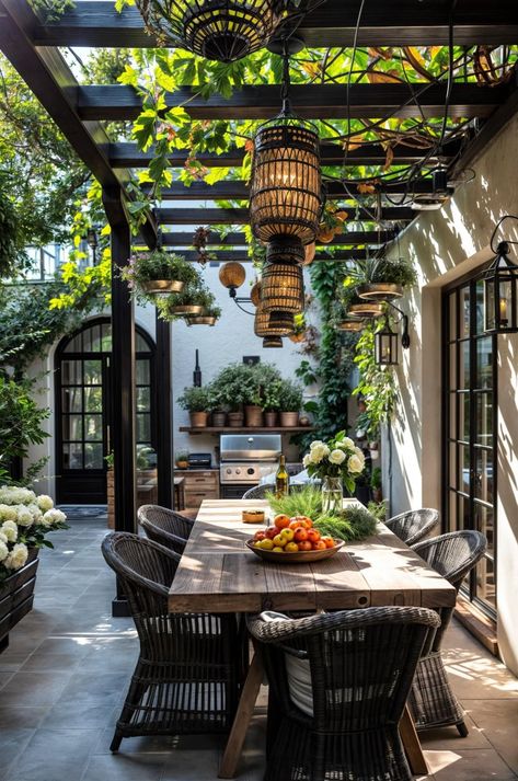 Spanish Style Outdoor Patio Ideas, Japandi Outdoor Space, Italian Style Backyard, Outdoor Rooms Covered, Conservatory Extension Ideas, Outdoor Eating Spaces, Alfresco Ideas, Garden Dining Room, Patio Aesthetic