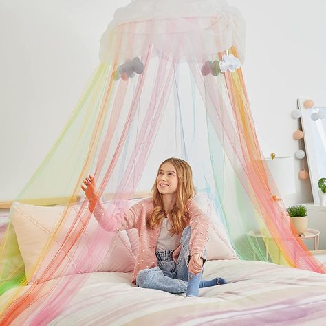 MAKE ANY ROOM MAGICAL: Girls will love going to bed every night with this magical tulle rainbow canopy hanging above it! The bright colors and beautiful hanging design instantly transform any room into an oasis fit for a princess Canopy Bedroom Decor, Rainbow Canopy, Rainbow Bed, Hanging Net, Princess Canopy Bed, Canopy Bedroom, Under The Rainbow, Princess Bed, Rainbow Magic