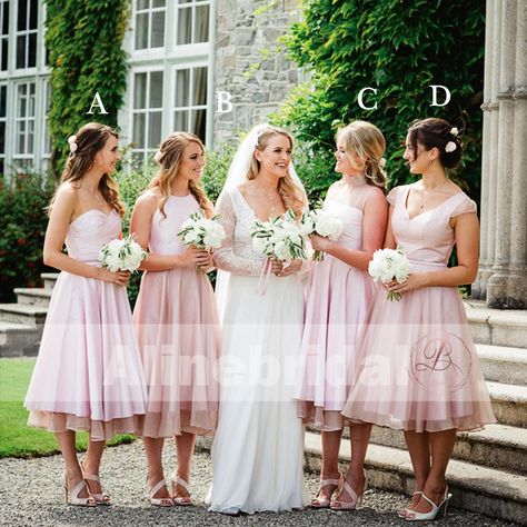 New Arrival Pink Mismatched Tea-length A-line Spring Bridesmaid Dresses. AB1206 Modest Homecoming Dresses, Spring Bridesmaid Dresses, Formal Bridesmaids Dresses, Cheap Bridesmaid, Satin Tulle, Blue Tulle, Bridesmaid Outfit, Long Bridesmaid Dresses, Bridesmaids Dresses