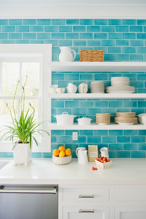 Teal Shelves, Coastal Living Magazine, Colorful Backsplash, Beach House Kitchens, Coastal Living Rooms, Blue Tile, Coastal Kitchen, Stunning Kitchens, Kitchen Tile