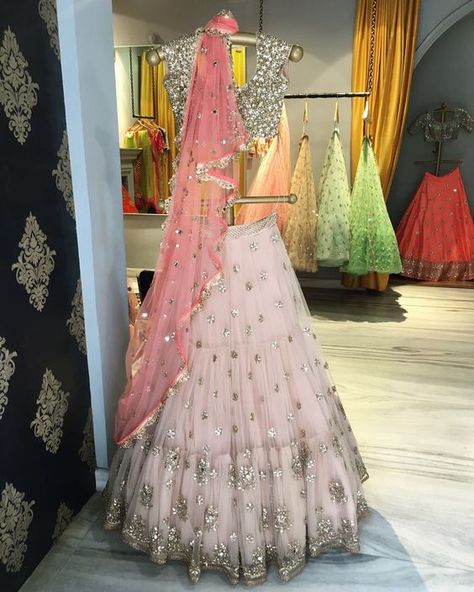 Pink And Silver Lehenga, Silver Lehenga, Lehenga Color Combinations, Gown Lehenga, भारतीय दुल्हन संबंधी, Lehnga Dress, Indian Bridal Lehenga, Saree Gown, Half Saree Designs