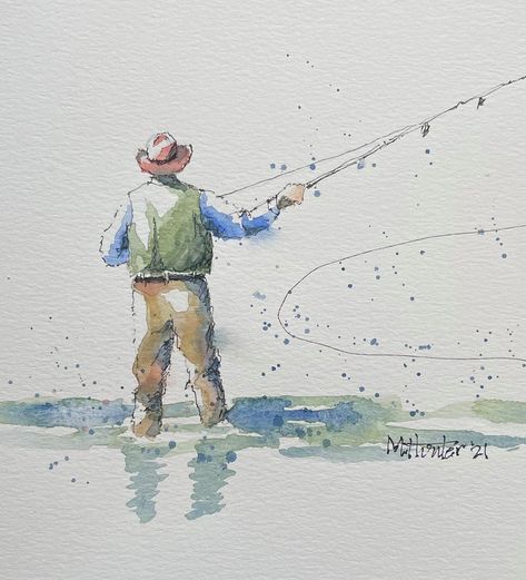 Funny Animal Watercolor Paintings, Fly Fishing Watercolor Paintings, Watercolour Fishing, Fishing Watercolor Easy, Fishing Sketch Drawing, Man Fishing Painting, Fly Fishing Watercolor, Watercolor Fishing, Masculine Painting Ideas