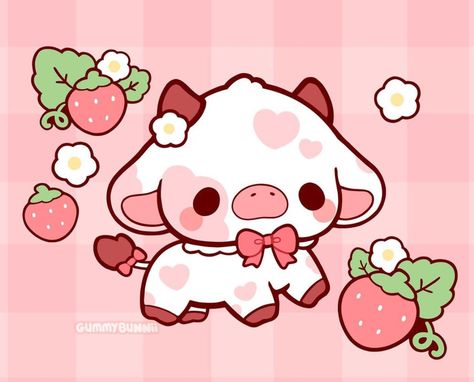 Strawberry Cows, Cottage Core Art, Strawberry Cow, Kawaii Tattoo, Pig Art, Cute Pig, Pink Cow, Cute Doodles Drawings, Cute Pigs