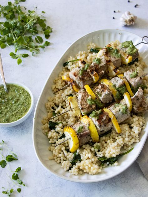 Chimichuri Recipe, Unique Side Dishes, Swordfish Steak, Grilled Swordfish, Bbq Grill Smoker, Pearl Couscous, Creamy Garlic Sauce, Small Pasta, Fresh Oregano