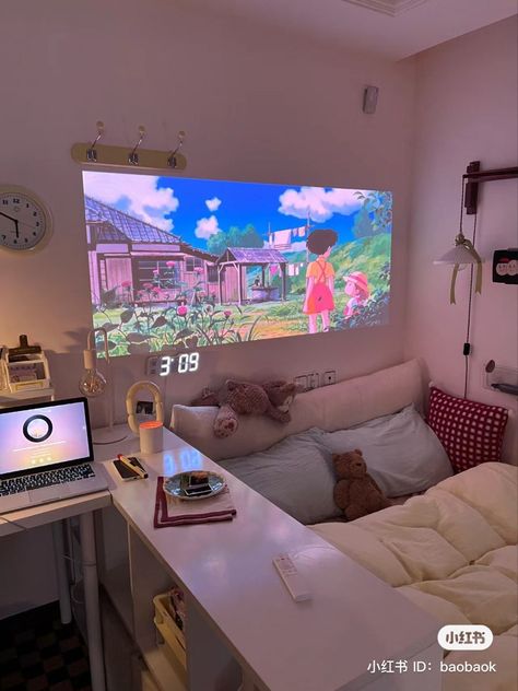 Aesthetic Bedroom With Projector, Room Ideas Aesthetic With Projector, Bedroom With Projector Screen Aesthetic, Aesthetic Room With Projector, Tiktok 2020 Room Aesthetic, Aesthetic Room Projector, Kdrama Bedroom Aesthetic, Room Inspo Projector, Small Room Projector Setup