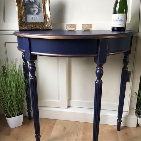 Half Moon Table Decor Ideas, Half Moon Table Makeover, Painted Side Table Ideas, Refurbished Half Moon Table, Painted Half Moon Table, Half Moon Tables Painted, Navy And Gold End Table, Painted Half Moon Console Table, Painted Demilune Table