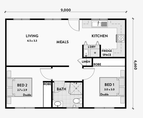 Royale – Granny Flats Australia Flat Floor Plan, Granny Flats Australia, Laminate Benchtop, Small House Garden, Garden Railings, Narrow House Designs, Ceramic Cooktop, Tile Splashback, Granny Flats