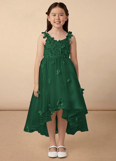 Your flower girl will look pretty like a princess in Ceres, our floral tulle Ball-Gown dress. She features a lace bodice and straps adorned with 3D flowers, a frilly tulle high-low skirt, and a beautiful matte satin bow at the back. Dark Green Flower Girl Dresses, Flower Girl Dresses Green, Dark Green Ball Gown, Green Flower Girl Dresses, Green Ball Gown, Dark Green Wedding, Plus Size Bridal Dresses, Philippines Wedding, 2025 Wedding